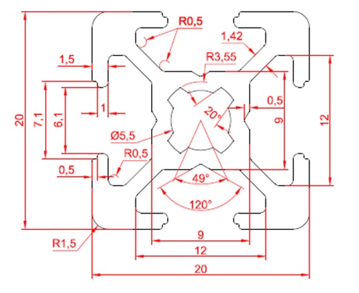 Профиль конструкционный алюминиевый 20х20 чертеж